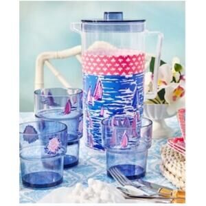 NWT Lilly Pulitzer Boatylicious Sway With Me Red Regatta Pitcher and Cups Set